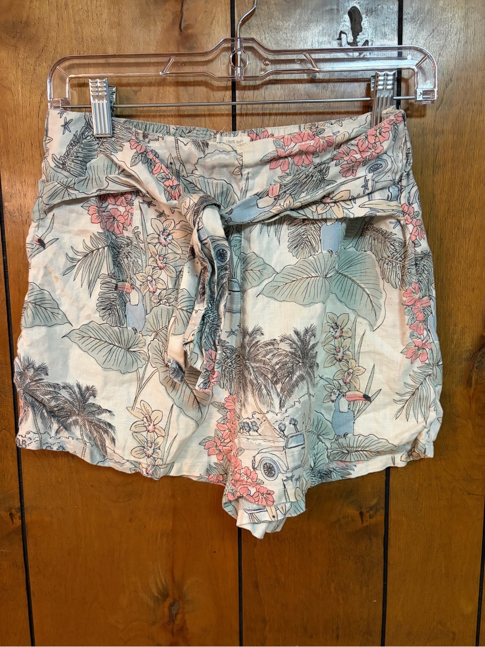 C&C California 100% Linen Floral Tie-Waist High-Rise Shorts - Pink & Cream
